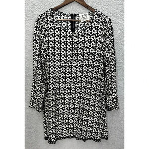 Jaase Tunic Dress Womens Medium Black White Geometric Grommet Hem Mini Long